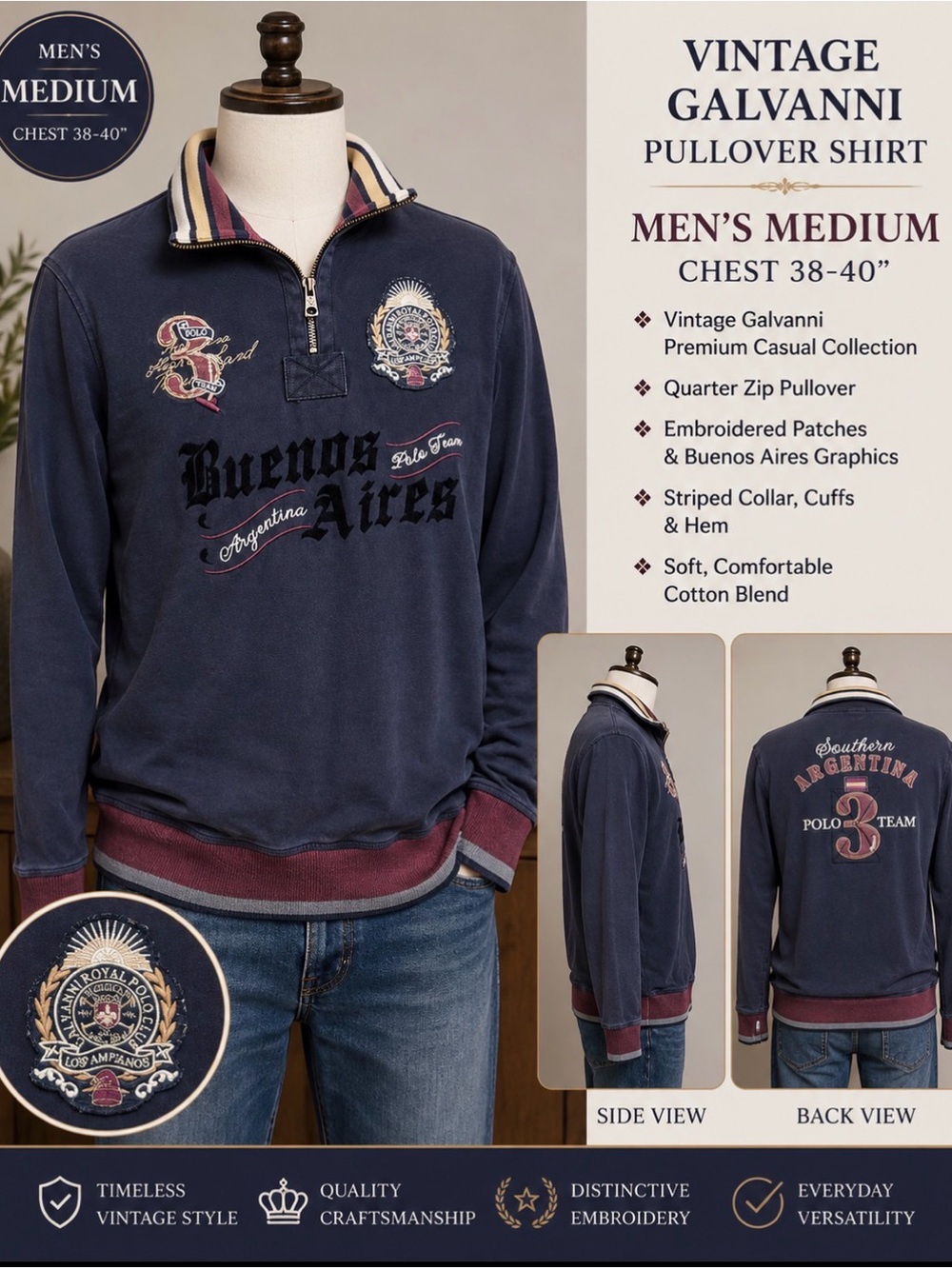 Vintage GALVANNI Men's Navy Quarter-Zip Pullover Shirt - Medium